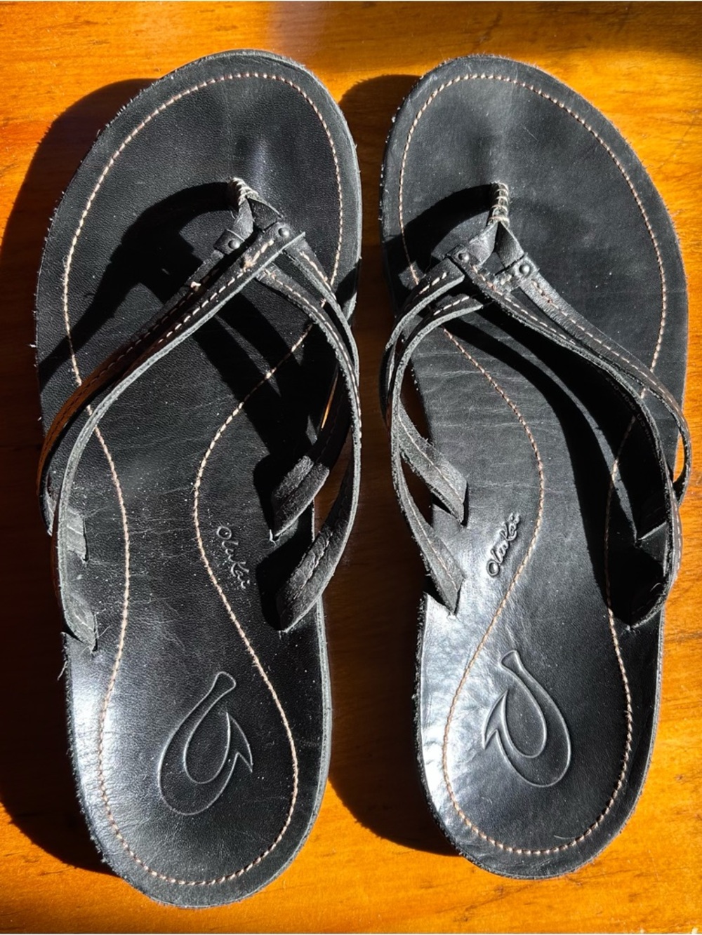 OluKai Black Leather Flip Flop Sandals